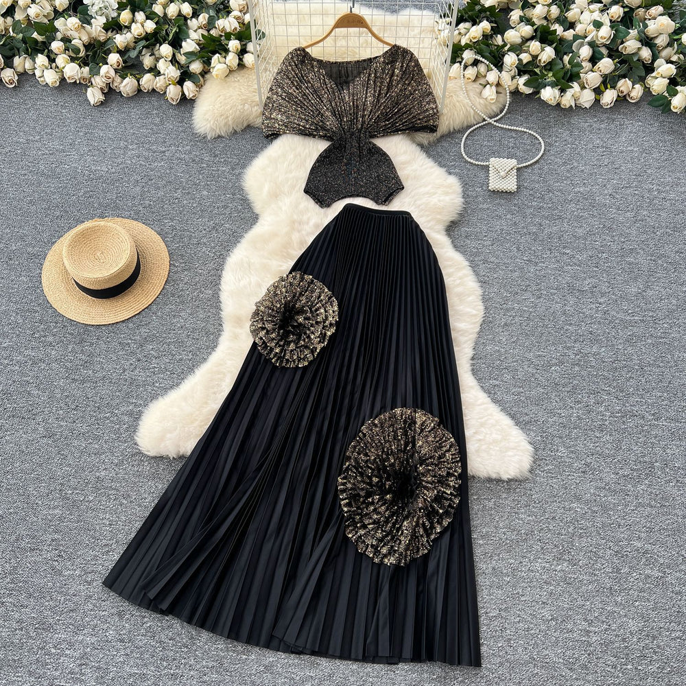 Miya pleated european and american style two-piece set: women's slim-fit short-sleeve pleated top with floral high-waisted pleated midi skirt