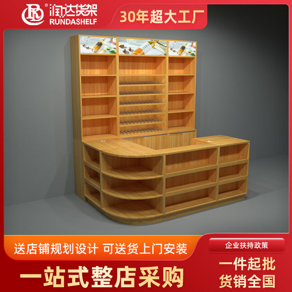 Wooden tobacco and wine cabinet, supermarket convenience store checkout page, supermarket convenience store cashier front desk checkout desk