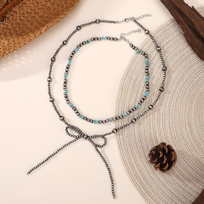 European and american cross-border jewelry amazon hot-selling bow necklace turquoise imitation pearl western cowboy style necklace