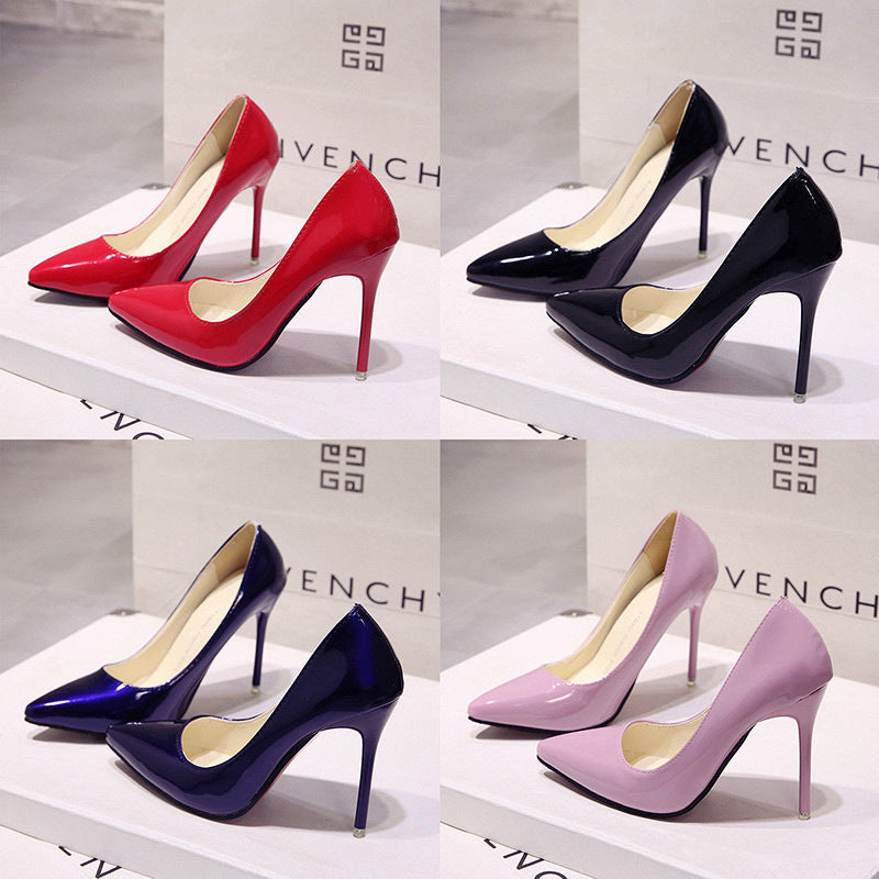 European style nude stiletto heels pointed toe black work pumps women's patent leather blue plus size shoes red wedding shoes