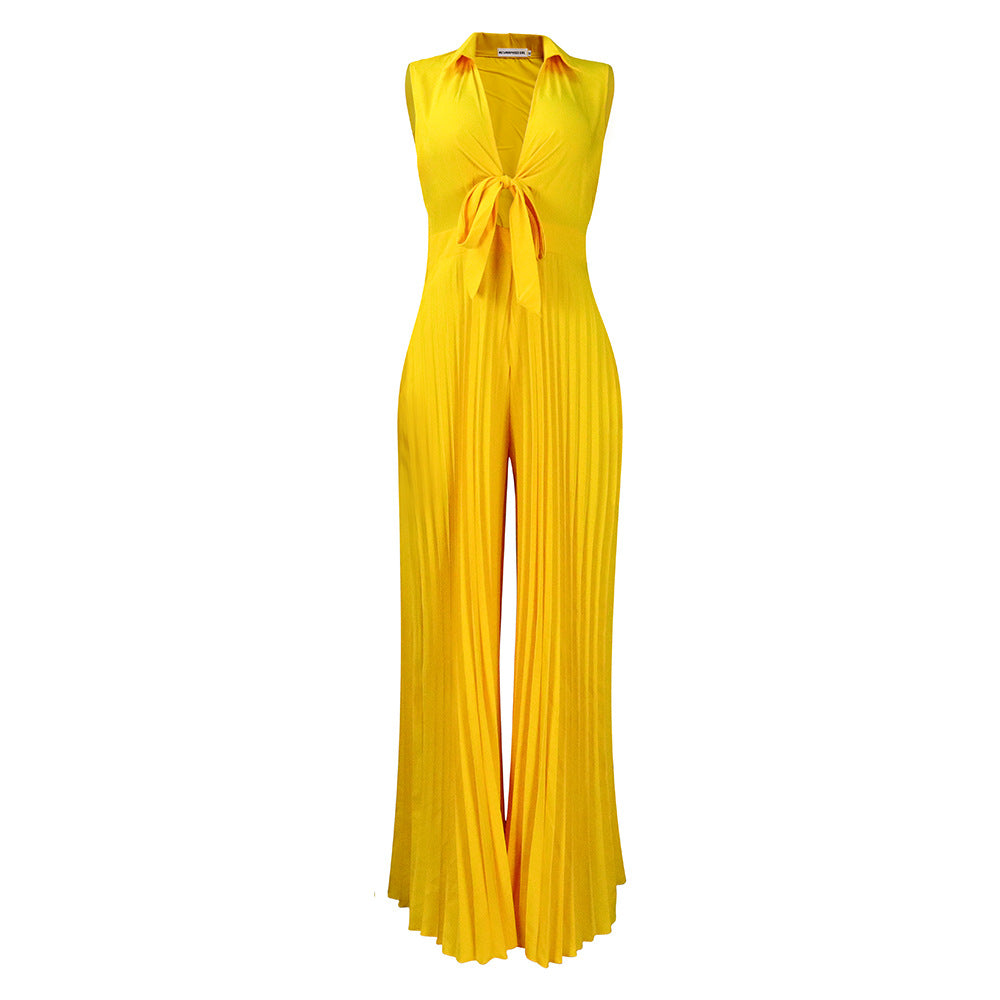 C8533 european and american style women's summer  new fashion v-neck long sleeve turn-down collar loose pleated wide leg jumpsuit - cross-border e-commerce item