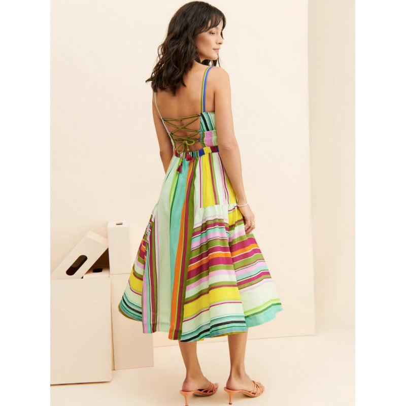 colorful stripes suspender dress bohemia vacation back cut out tassel strap flap pocket pants large swing skirt