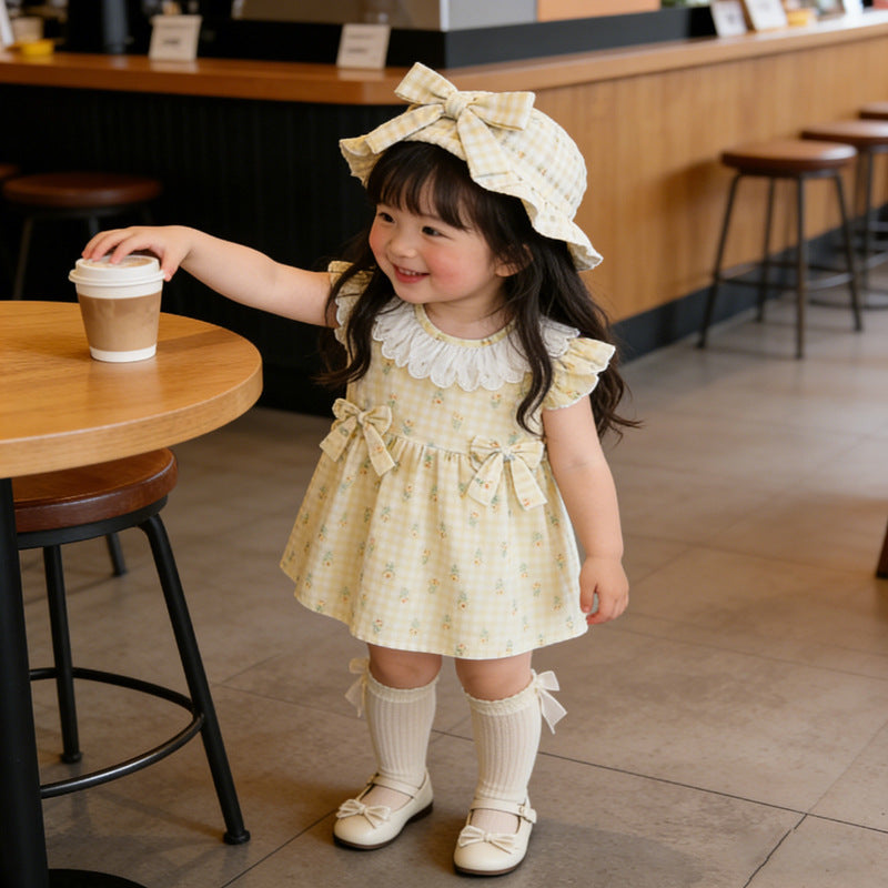 Girls' dress -  summer collection: sweet and girly princess dress with lace collar, sunflower accents, and bow detail