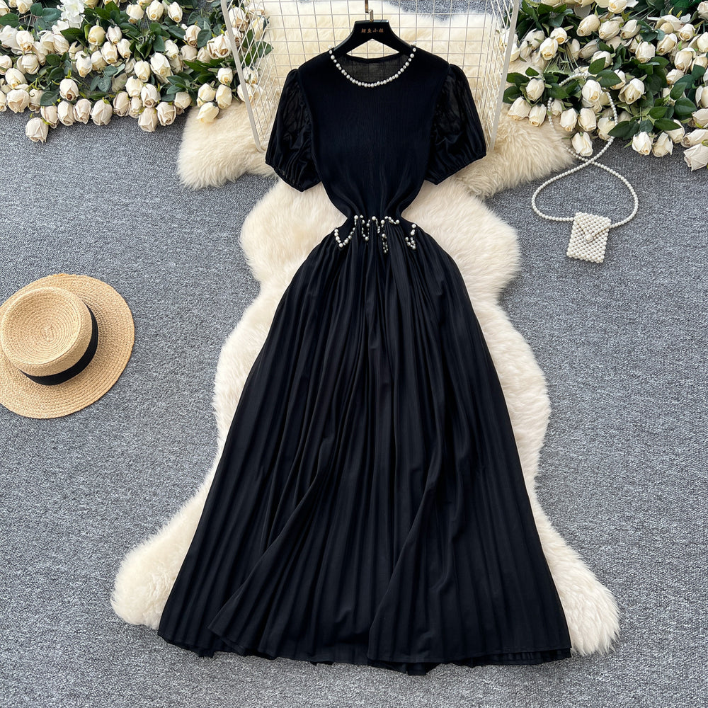French-style heavy beaded and rhinestone embellished round neck puff sleeve dress - women's  summer cinched waist elegant pleated maxi dress