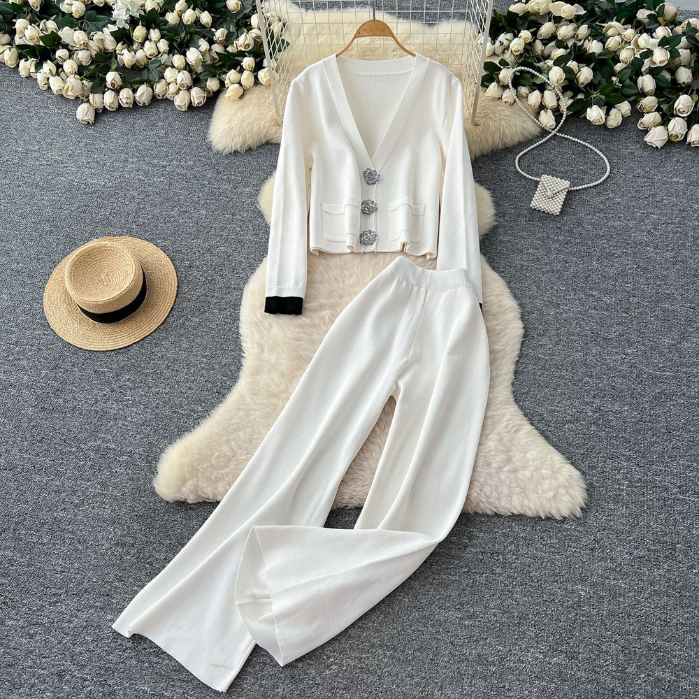 Premium heavy-duty metal buckle v-neck long sleeve knit top for women,  autumn/winter high-waisted slimming casual wide-leg pants