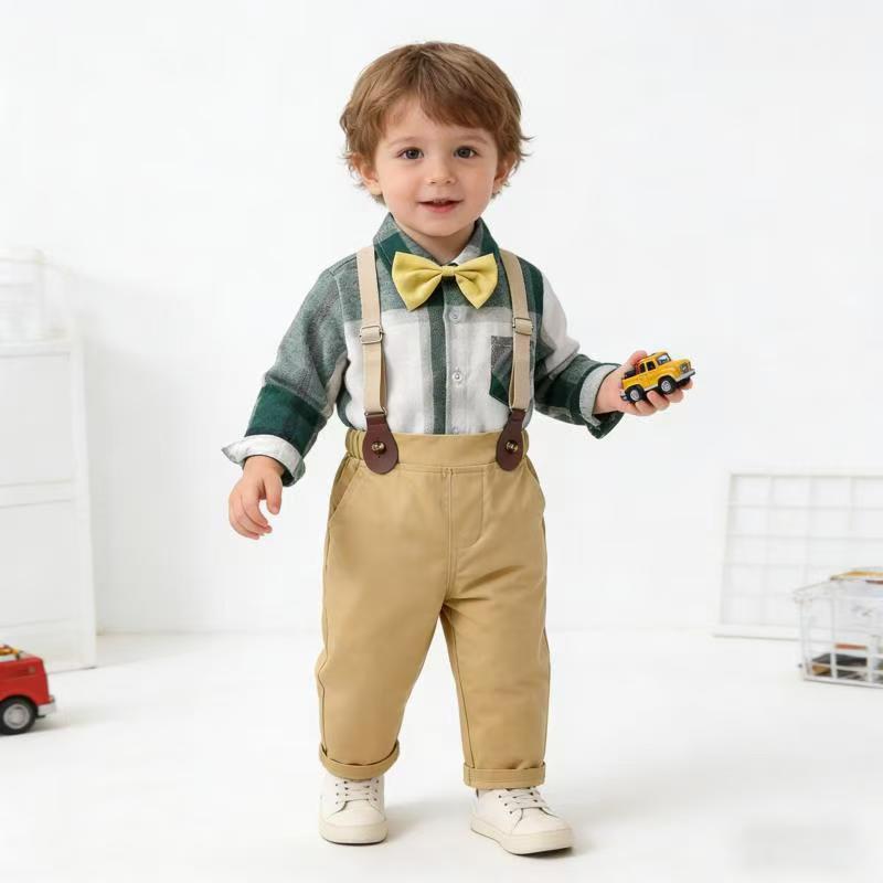 Factory direct export boys' suit: long-sleeved plaid shirt british style formal wear, boys' suit for spring and autumn, children's clothing