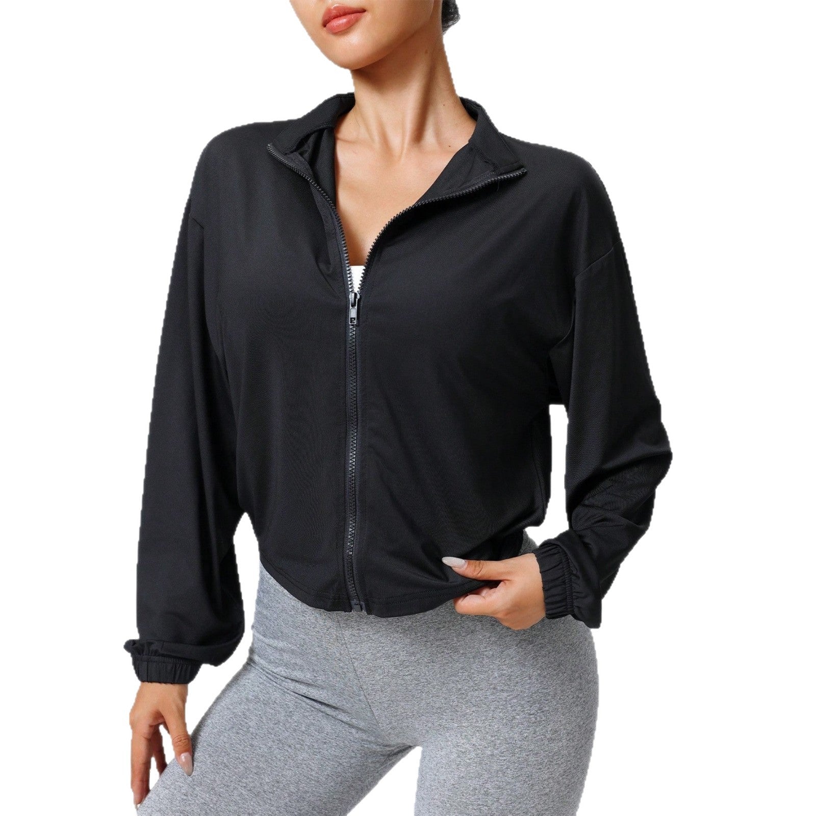 Pre-sale of European and American  women's new Korean version of popular women's clothing, black stand-up collar loose zipper sports jacket outside yoga