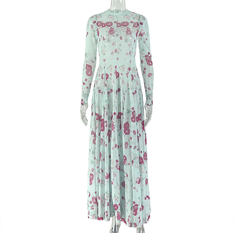 European and american style ins cross-border pleated fresh printing work clothing a-line skirt round neck long sleeves waist outdoor dress women's clothing