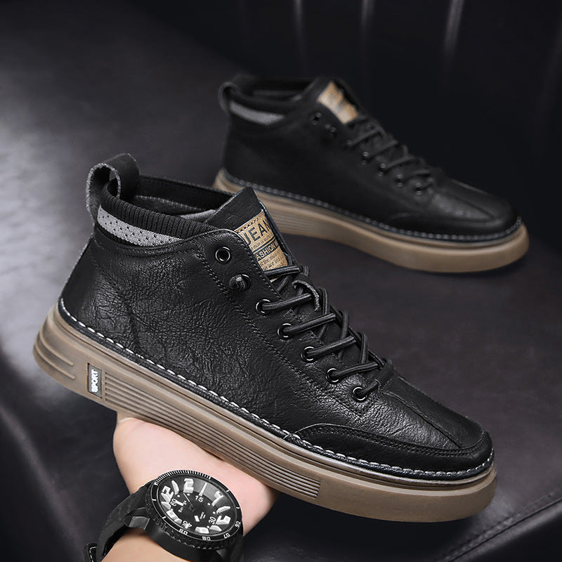 2025 new spring men's shoes: spring work trendy high-top sneakers, casual leather shoes, martin boots, versatile fashion sneakers