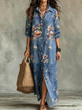 Plus size women's floral print maxi dress - denim-look fabric, turn-down collar, open front, loose fit, casual beach dress - wholesale available