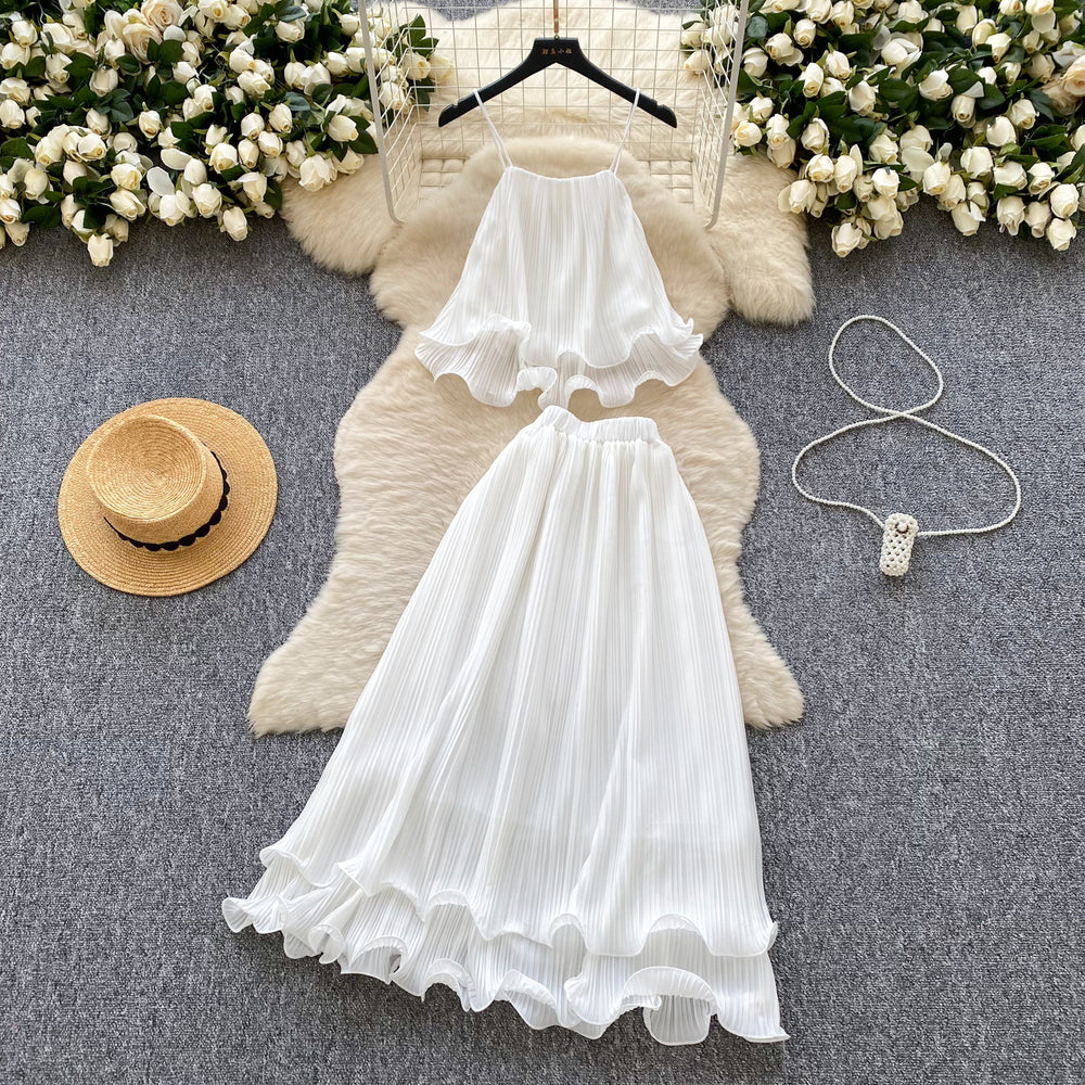 Fairy vacation set  new french chic: camisole top + high-waisted ruffle pleated midi skirt
