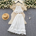 Fairy vacation set  new french chic: camisole top + high-waisted ruffle pleated midi skirt
