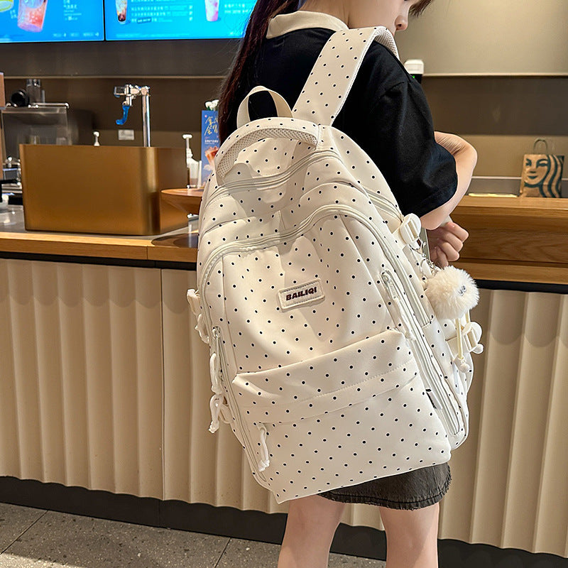 Rustic style backpack for female college students - minimalist polka dot floral cute girl's backpack - large capacity women's school bag