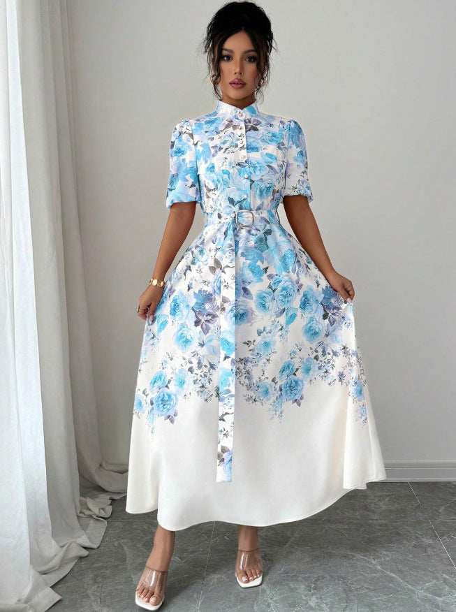 European and american niche fashion retro suit collar sleeveless cinched waist printed dress - women's slimming a-line elegant maxi dress