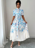 European and american niche fashion retro suit collar sleeveless cinched waist printed dress - women's slimming a-line elegant maxi dress
