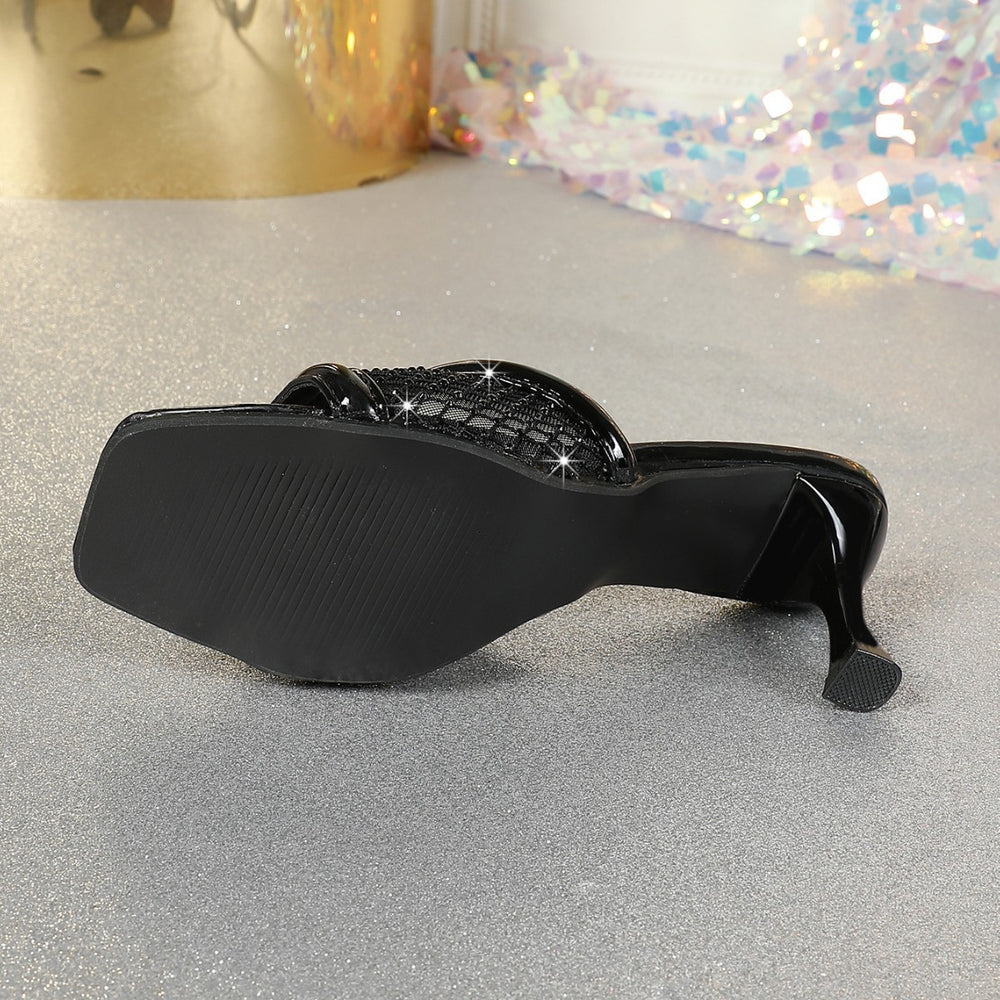 New mesh rhinestone high-heeled slippers 2025 - unique design, solid color, sexy & chic, transparent party sandals
