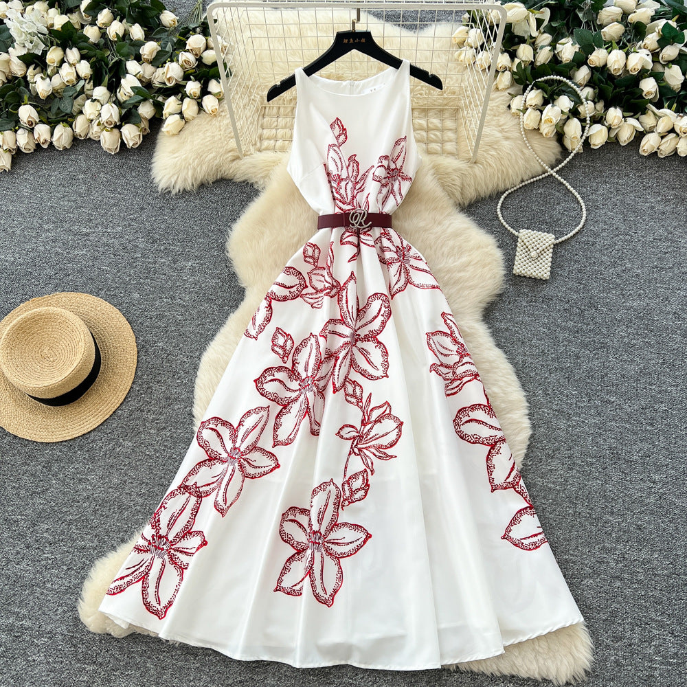 French retro chic women's dress -  spring collection - high-end tie-waist sleeveless printed maxi dress