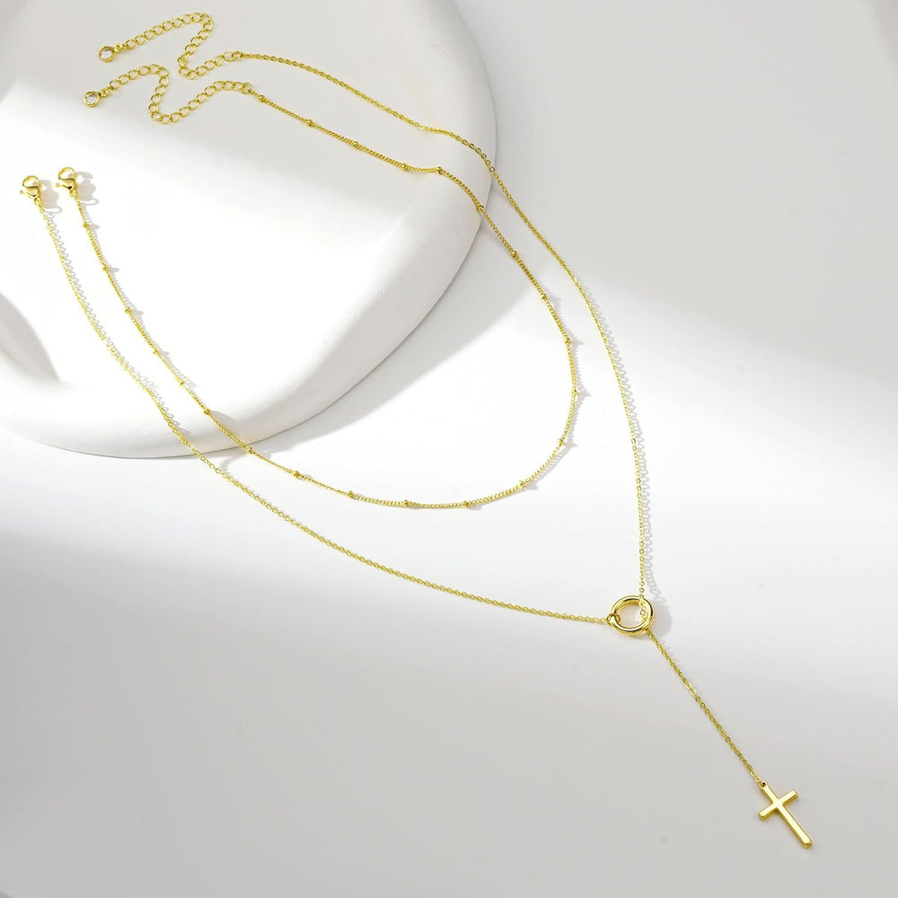 European and american cross-border hot-selling fashionable minimalist stackable cross double-layer necklace gold silver round bead chain choker