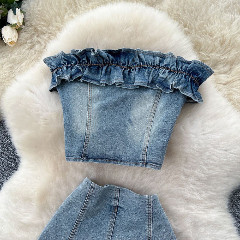 American retro spicy girl denim set - women's summer design with ruffle trim, bandeau top, and high-waisted fishtail skirt