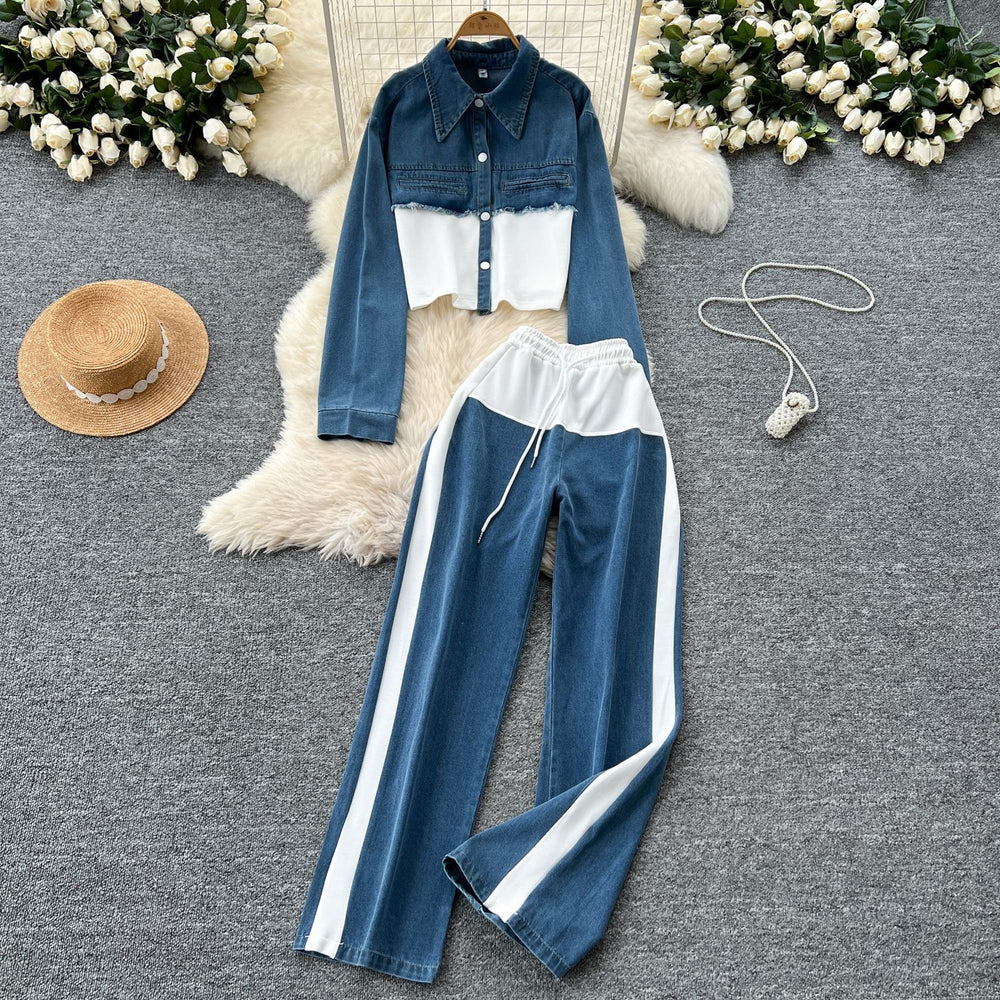 Hong kong style casualsuit women's high waistpatchwork denim wide legstraight-leg pants two-piece setfashion lapel jacketoutwear