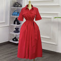 European and american cross-border women's fashion:  spring new arrival - elegant and stylish solid color turn-down collar tie-waist short sleeve shirt dress