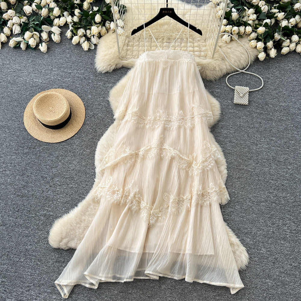 French chic sleeveless lace cami dress - summer sweetheart open back tiered maxi dress - slimming vacation style
