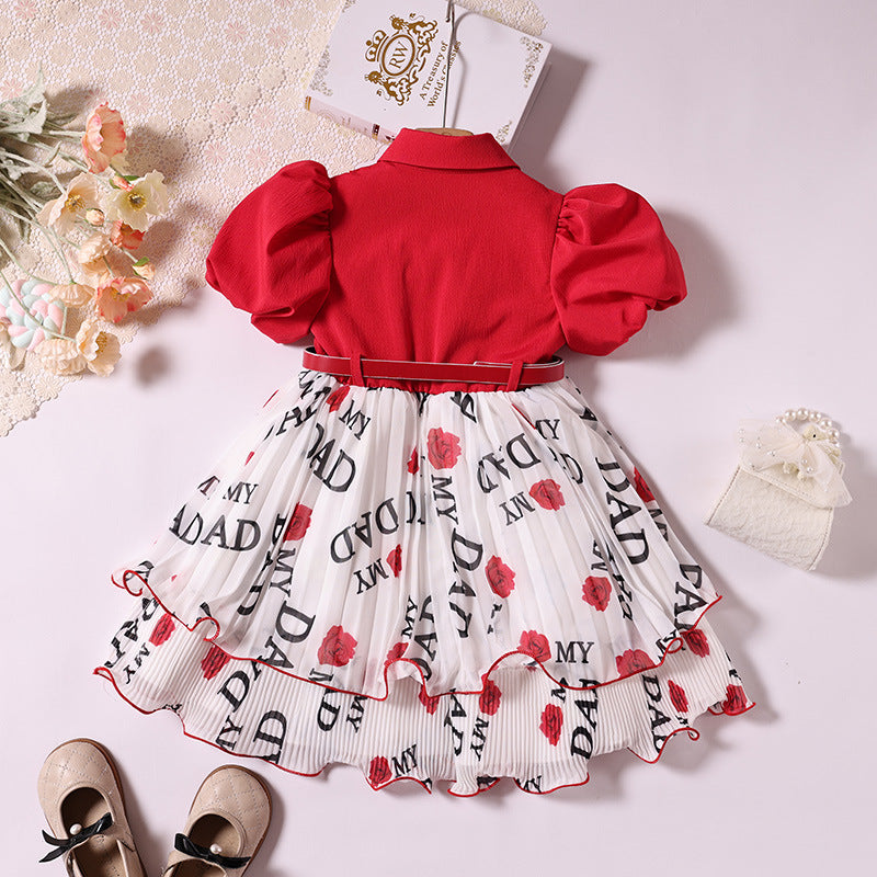 Girls' printed princess dress - red, stylish baby outfit, foreign trade chiffon, little girl's clothing, children's skirt, cross-border e-commerce