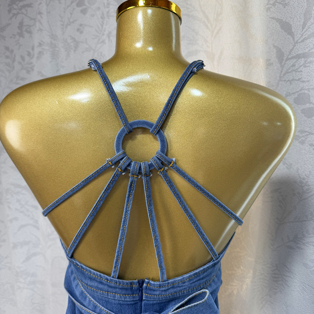 European and american export women's summer new sexy fashion v-neck camisole backless tie-up denim dress cake maxi dress