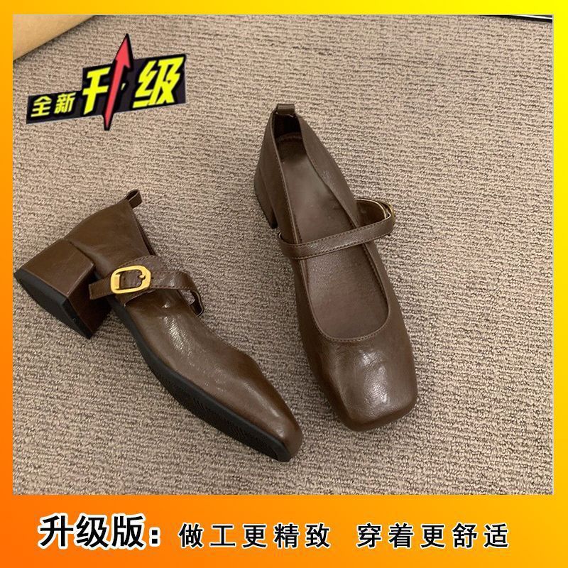 Elegant fairy chunky heel mary jane leather shoes, french retro square toe low-cut flats, 2025 autumn collection, mid-heel evening style