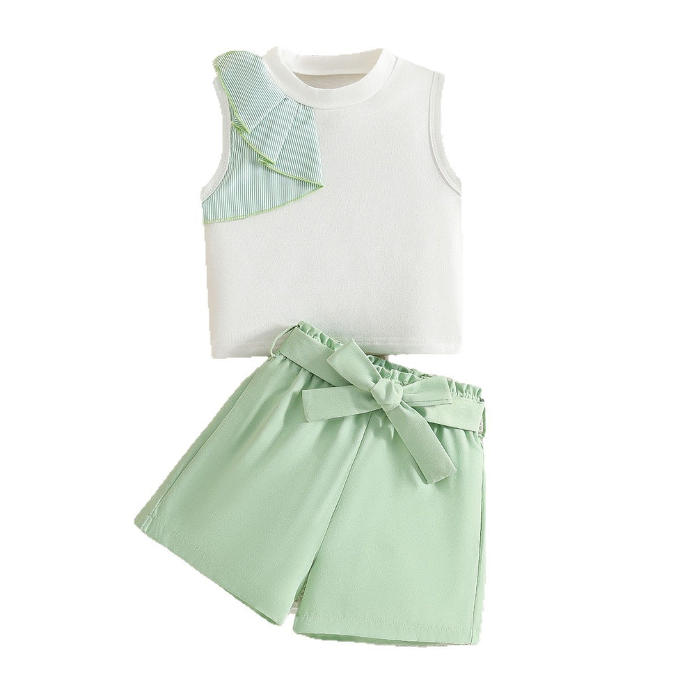 girls' summer outfit: round neck tank top with lace trim and pistachio green shorts with belt - two-piece set for kids