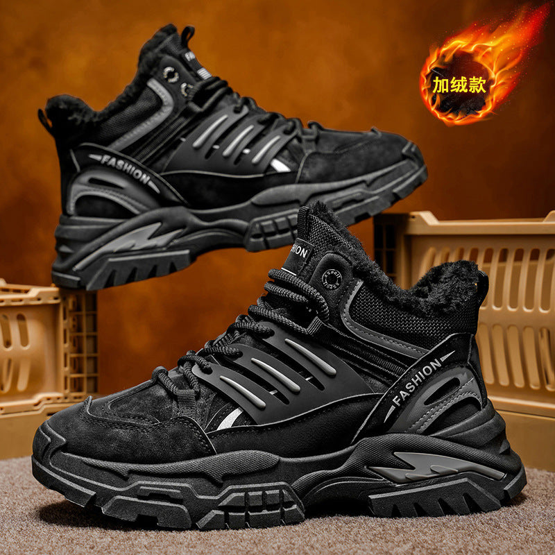 Men's winter fleece-lined warm cotton shoes, thick-soled work shoes, non-slip outdoor sports casual hiking martin boots, trendy footwear