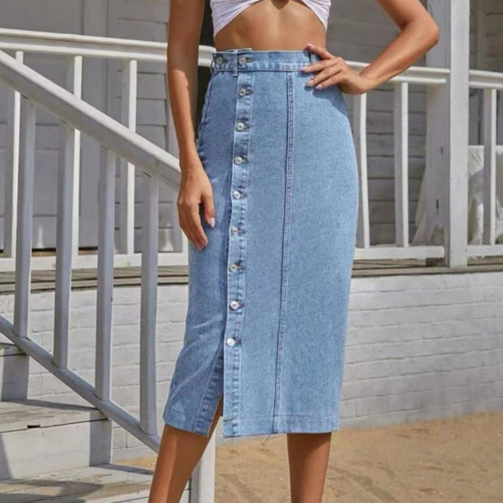 European and american style denim skirt hot-selling new cross-border washed slit denim skirt multi-button denim skirt