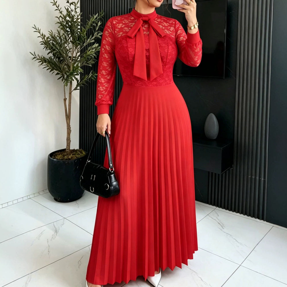 elegancebowslacesee-through long sleevesdress waist a-line pleated party evening dress dress