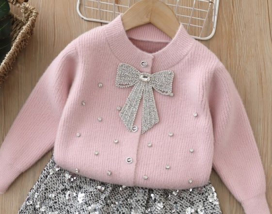 Girls' knitted sweater two-piece set: sequin bow cardigan and skirt outfit for little girls