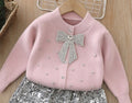 Girls' knitted sweater two-piece set: sequin bow cardigan and skirt outfit for little girls