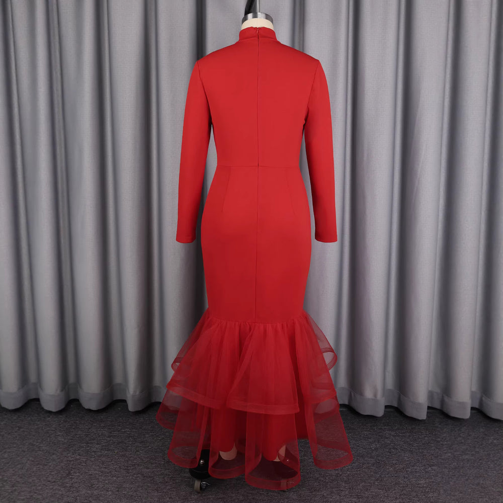 European and american style red mock neck long sleeve dress with mesh panel fishtail hem - slim fit bodycon fishtail dress