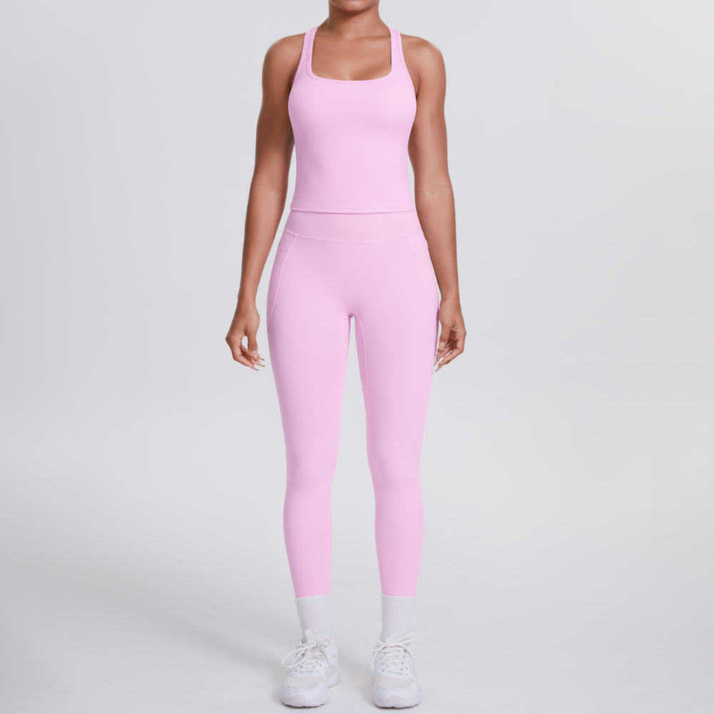 Naked-feel, form-fitting yoga set featuring a racerback design, high-waisted leggings with butt-lifting effect, and pockets. perfect for outdoor activities, casual wear, running, and gym workouts