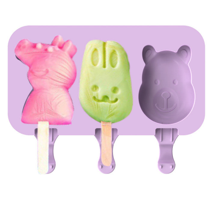 Factory direct, ready-to-ship: diy cartoon ice pop molds - new 3-cavity silicone ice cream molds with lids