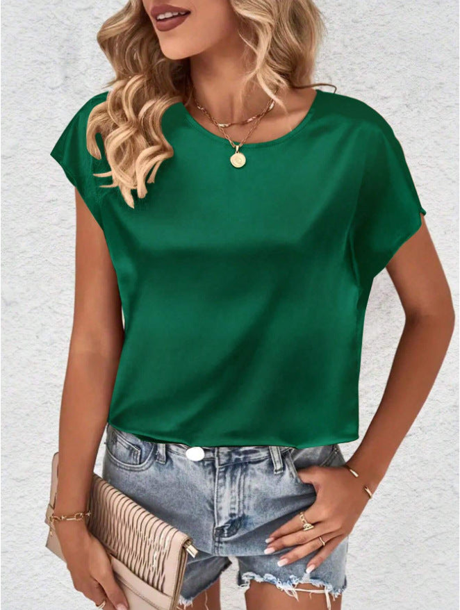 summer new arrival: women's solid color casual top - batwing sleeve satin round neck faux silk blouse