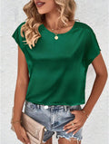 summer new arrival: women's solid color casual top - batwing sleeve satin round neck faux silk blouse