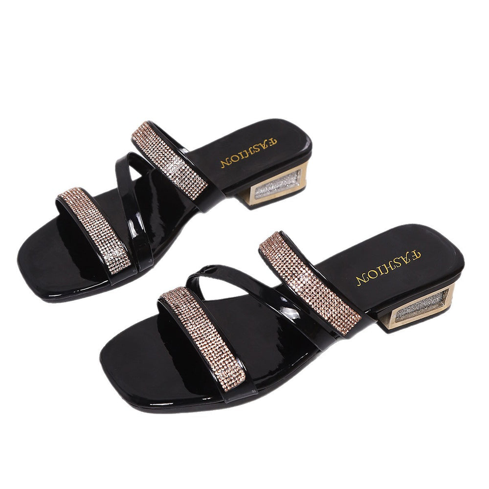2026 new slippers: european and american rhinestone fashion square toe thong sandals, casual outdoor wear, plus size low heel slides