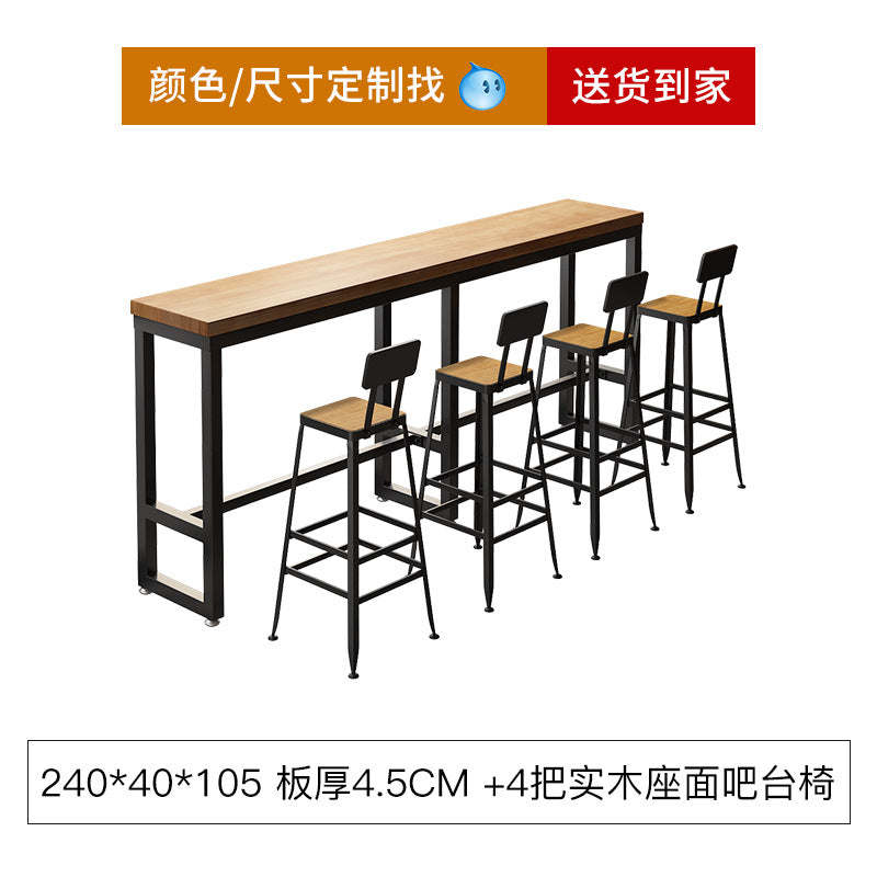 Bar table and chair combination Industrial style wrought iron solid wood bar High foot milk tea shop Cake shop Narrow table against the wall