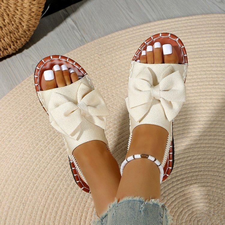 new flat rhinestone bow single strap sandals women's outdoor wear solid color lightweight fabric slippers