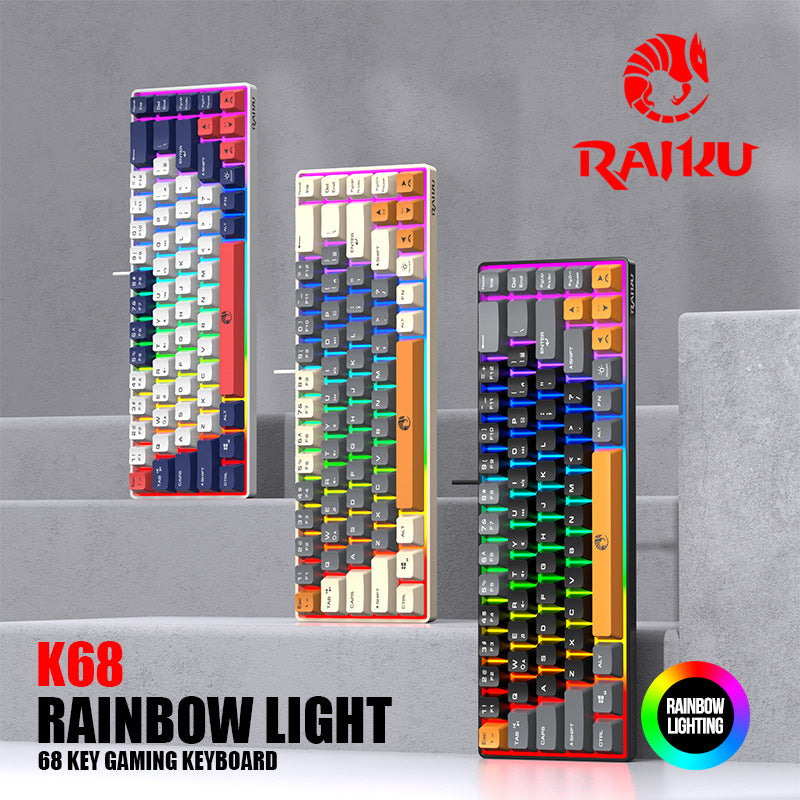 Raiku k68 tri-color 68-key gaming, competitive, office, and laptop wired mechanical-feel keyboard