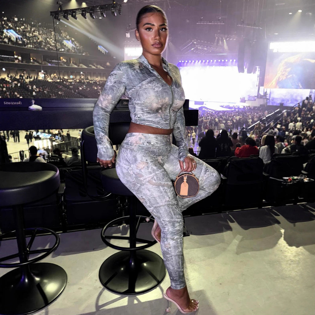 Cross-border European and American style 2025 new fashion printing slim-fitting long-sleeved open-button zipper cardigan trousers two-piece set