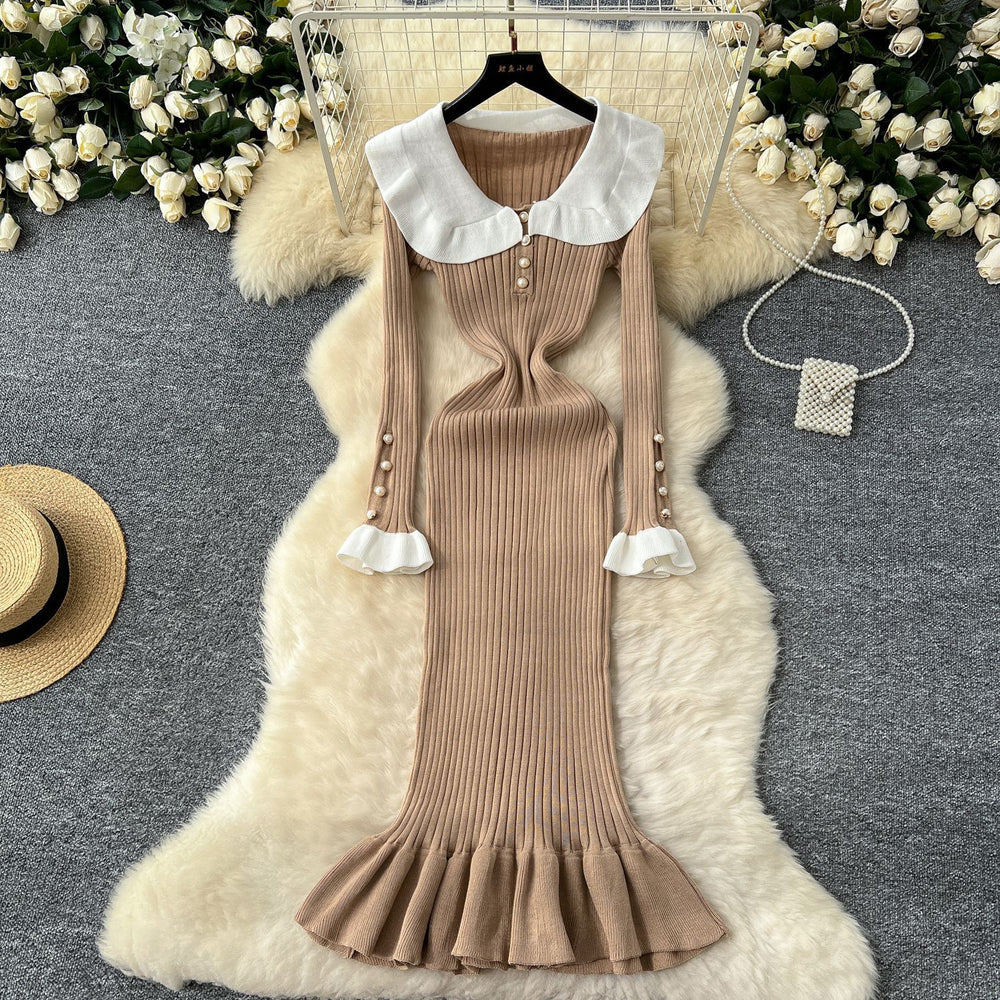 Ruffle trim knit dress - new autumn/winter sweater dress -  vintage lady european & american cross-border french style dress