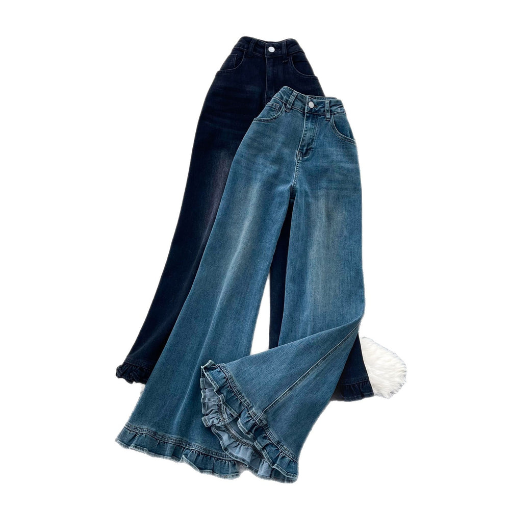 Retrohigh waistflaredjeans women's lace decoration slimming look silm microflaredpants autumn sense of design american style