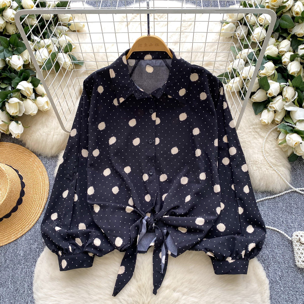 Light mature style strappy waist lantern sleeves polka dot hot diamond shirt women's autumlooseslimming lookcasual women's tops