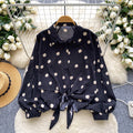 Light mature style strappy waist lantern sleeves polka dot hot diamond shirt women's autumlooseslimming lookcasual women's tops