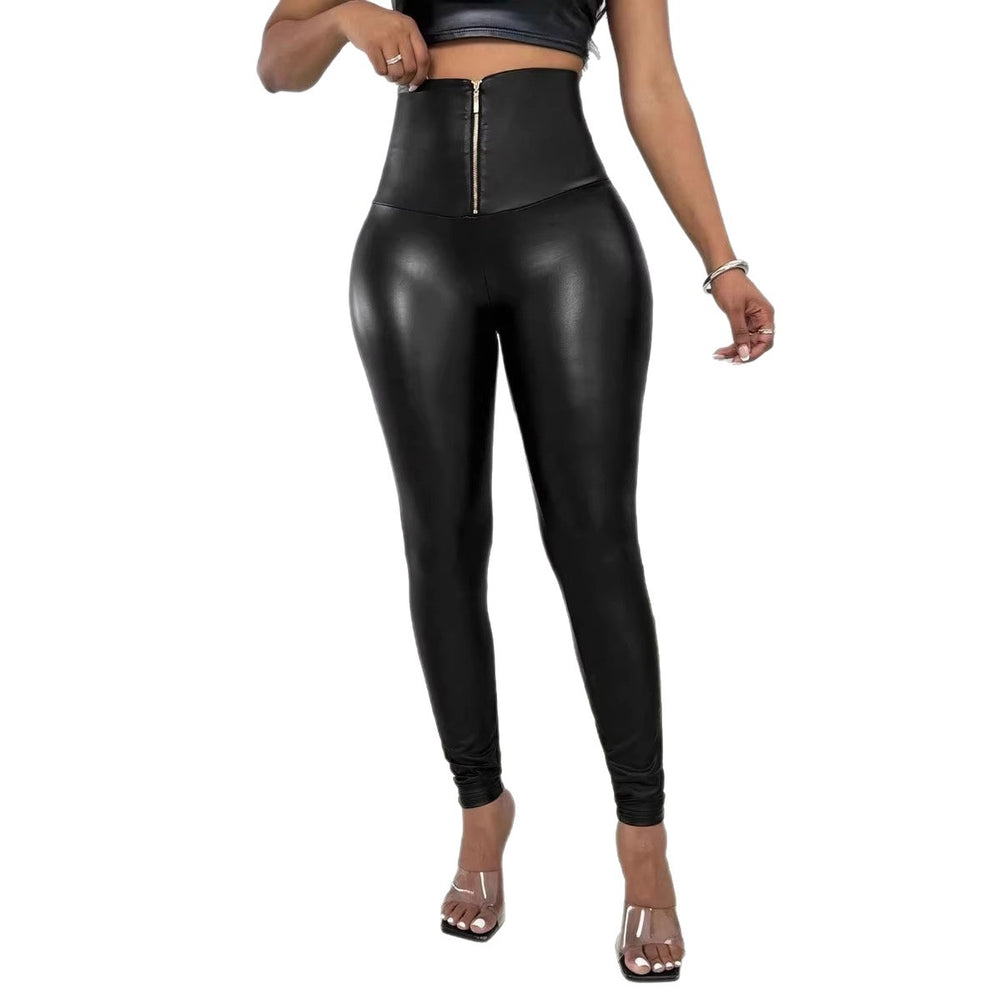 High-waisted zipper pu leather pants - bestselling women's plus size sexy european & american style leggings - hot cross-border item